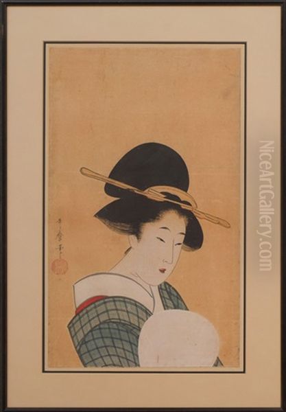 Courtesan With Fan Oil Painting by Kitagawa Utamaro