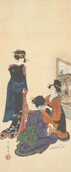 Three Beauties Oil Painting by Kitagawa Utamaro