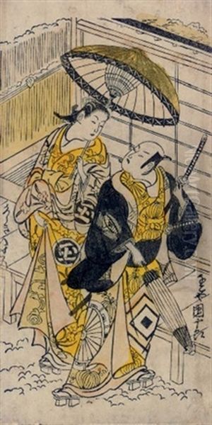 The Actors Ichikawa Danjuro And Sodezaki Iseno In A Theatrical Scene Oil Painting by Torii Kiyonobu II