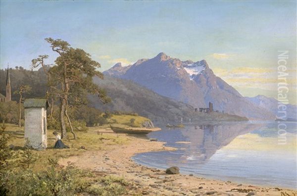 Betendes Madchen Bei Einer Kapelle An Einem Gebirgssee Oil Painting by Anton Edvard Kjeldrup