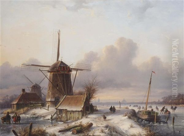 A Winter Scene With Skaters Near Windmills Oil Painting by Lodewijk Johannes Kleijn