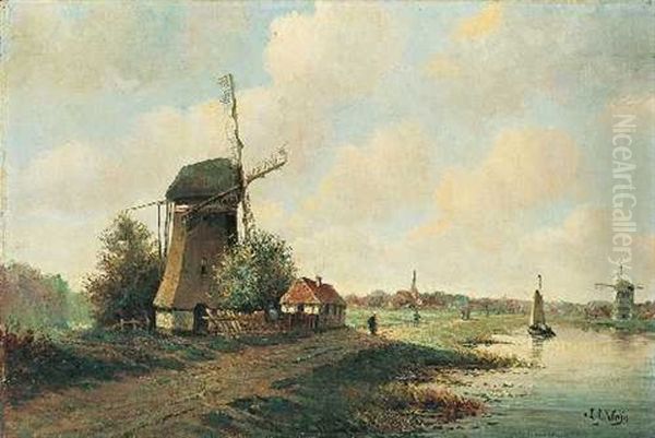 Hollandische Flusslandschaft Mit Zwei Muhlen Oil Painting by Lodewijk Johannes Kleijn