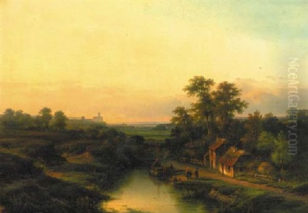 A Panoramic View Of A Wooded Valley At Dusk Oil Painting by Lodewijk Johannes Kleijn