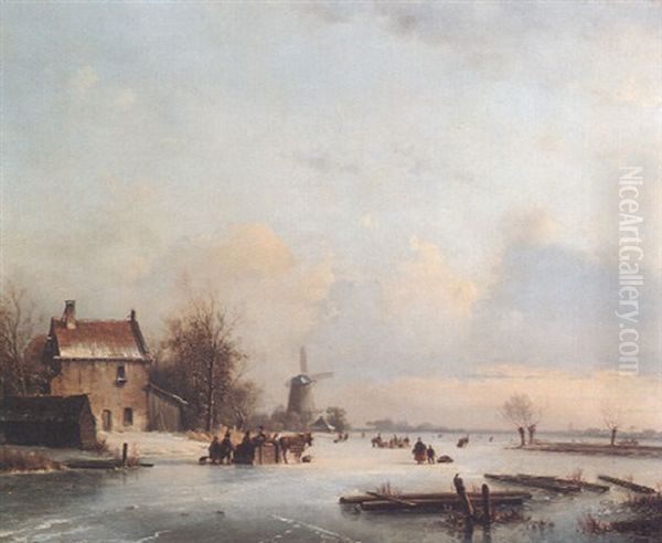 Skaters And Figures With A Horse And Sled On A Frozen River Oil Painting by Lodewijk Johannes Kleijn