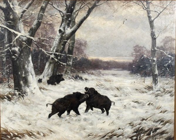 Sauen Im Winterwald Oil Painting by Maximilian Klein Von Diepold