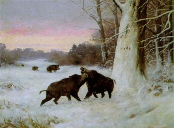 Wildschweinrudel Im Abendlichen Winterwald Oil Painting by Maximilian Klein Von Diepold