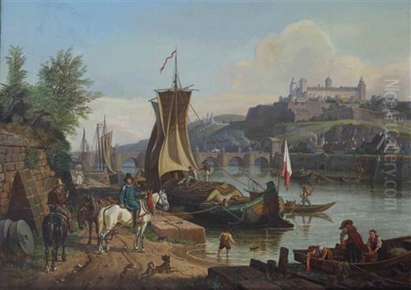 A View Of Wurtzburg With The Old Bridge And The Marienberg Fortress Oil Painting by Johann Adam Klein