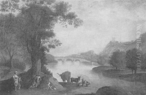 A Farm Family By The River Oil Painting by Johann Adam Klein