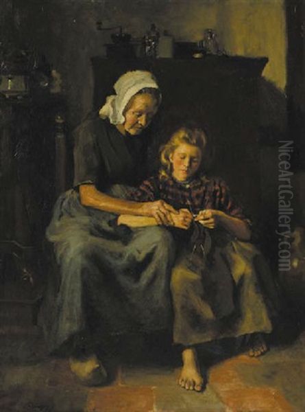 The Knitting Lesson Oil Painting by Jan Kleintjes