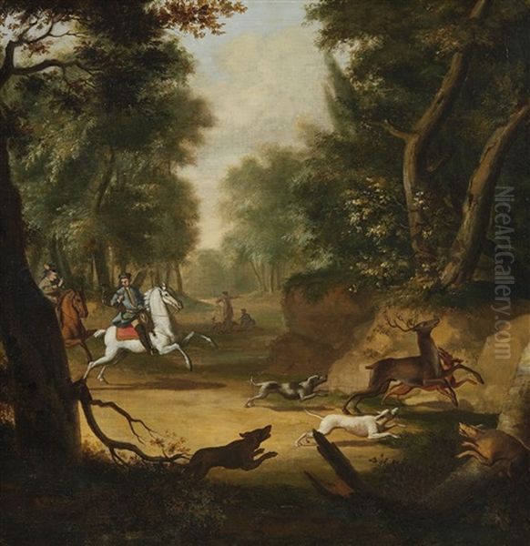 Deer Hunt With Two Huntsmen On Horseback (+ Boar Hunt With Two Beaters And Two Huntsmen On Horseback; 2 Works) Oil Painting by Johann Christian Klengel