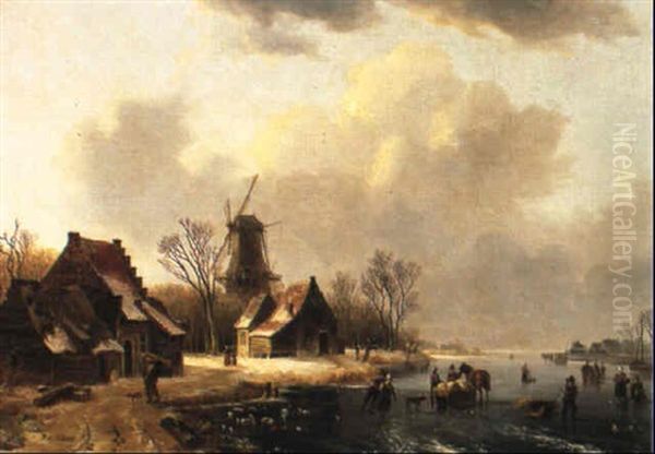 Winter Landscape With Figures On A Frozen River Oil Painting by Willem De Klerk