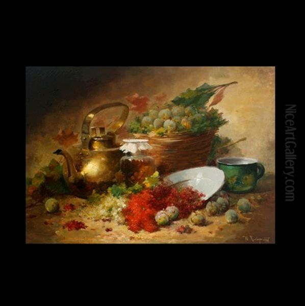 Still Life With Kettle And Grapes Oil Painting by Yuliy Yulevich Klever the Younger