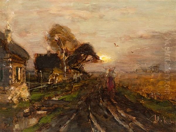 Country Lane At Sunset Oil Painting by Yuliy Yulevich (Julius) Klever