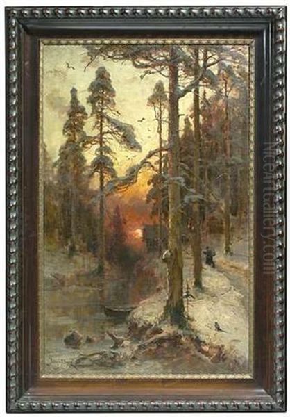 Winterliches Waldinneres Mit Einem Bach Bei Sonnenuntergang Oil Painting by Yuliy Yulevich (Julius) Klever
