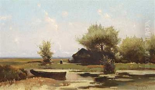 Russisk Landskab Med En Kvinde Ved Et Hus Og En Jolle I En So Oil Painting by Yuliy Yulevich (Julius) Klever