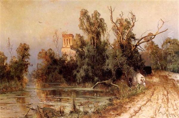 Flusslandschaft Mit Burg Oil Painting by Yuliy Yulevich (Julius) Klever