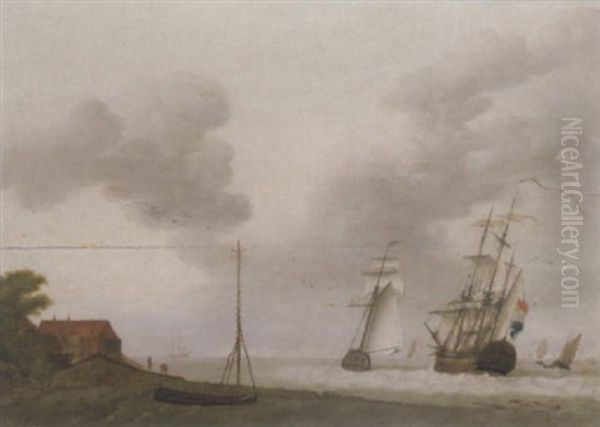 A Frigate And Other Shipping Off A Coastline Oil Painting by David Kleyne