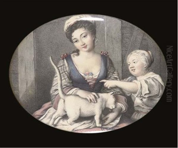 A Mother And Child Seated In An Interior With A Cat Oil Painting by Karl-Gustav Klingstedt