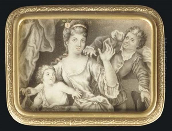 A Young Lady With Pink Rose And Band In Her Long Hair, Seated Holding A Musical Score With A Child With Loose Robes, A Gentleman Holding A Hat In His Left Hand Reaching For The Lady's Shoulder Oil Painting by Karl-Gustav Klingstedt