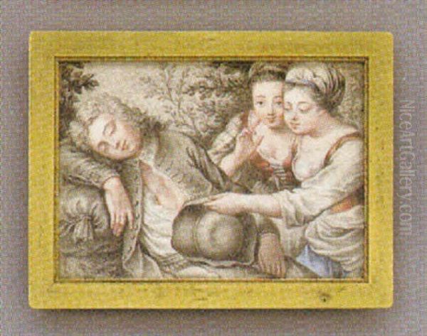 Skabros Scen Med Ung Man Och Tva Flickor Oil Painting by Karl-Gustav Klingstedt