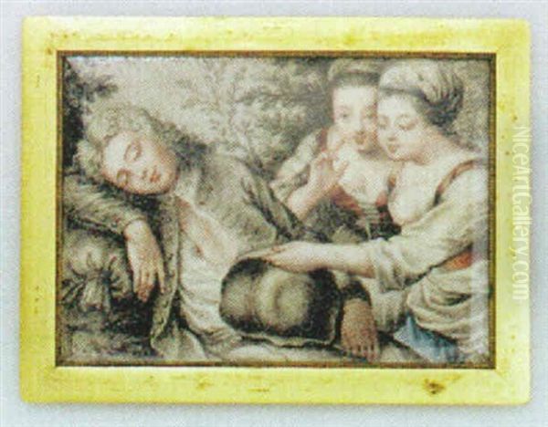 Skabros Scen Med Ung Man Och Tva Flickor Oil Painting by Karl-Gustav Klingstedt