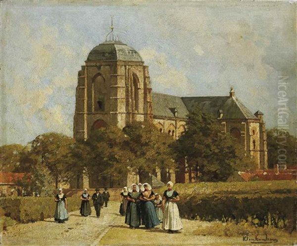 Kerkgangers In Zeeuwse Klederdracht Bij De Grote Kerk In Veere Oil Painting by Johannes Christiaan Karel Klinkenberg