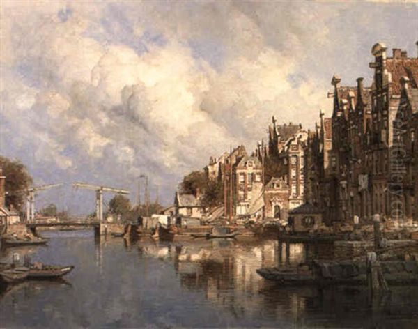 Barges On A Canal - Outskirts Of The Hague Oil Painting by Johannes Christiaan Karel Klinkenberg