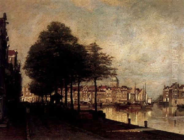 Figures On A Quay In A Dutch Town Oil Painting by Johannes Christiaan Karel Klinkenberg