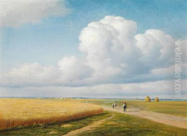 Russian Harvest Landscape With Women On The Road Returning To The Village In The The Background Oil Painting by Mikhail Konstantinovich Klodt