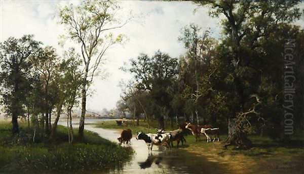 Cattle At A Creek Oil Painting by Mikhail Konstantinovich Klodt