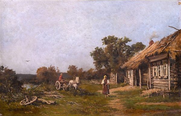 Farm Scene Oil Painting by Baron Mikhail Petrovich Klodt von Jurgensburg