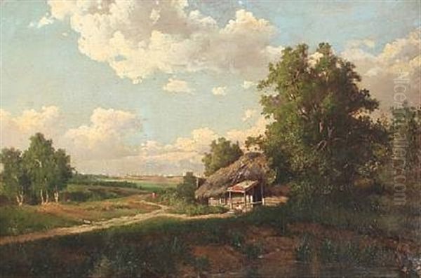 Russian Summer Landscape With A Hut, In The Background A Larger City Oil Painting by Baron Mikhail Petrovich Klodt von Jurgensburg