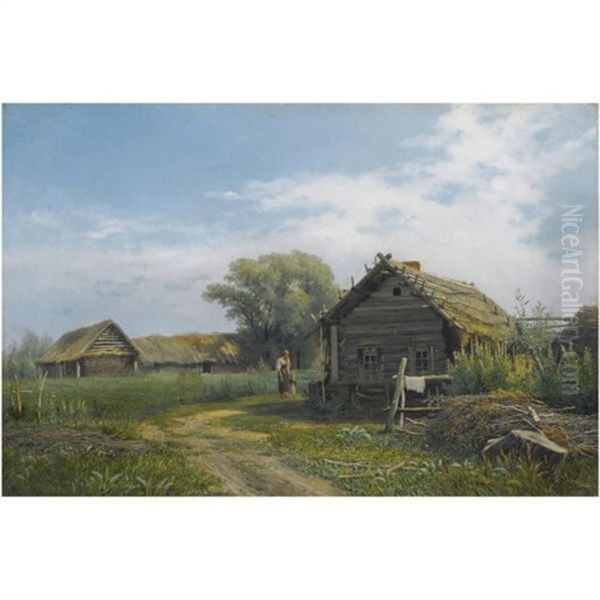 Farmhouse Oil Painting by Baron Mikhail Petrovich Klodt von Jurgensburg