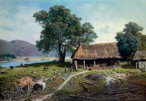 A Riverside Farm Oil Painting by Baron Mikhail Petrovich Klodt von Jurgensburg