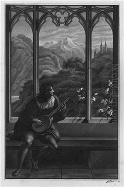 Laute Spielender Jungling In Einer Gotischen Halle, Mit Blick Auf Eine Gebirgslandschaft Oil Painting by August Karl Friedrich von Kloeber