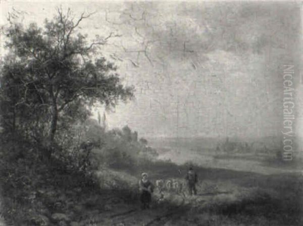 A Wooded River Landscape With Peasants And Flock On A Sandy Path Oil Painting by Johann Bernard Klombeck
