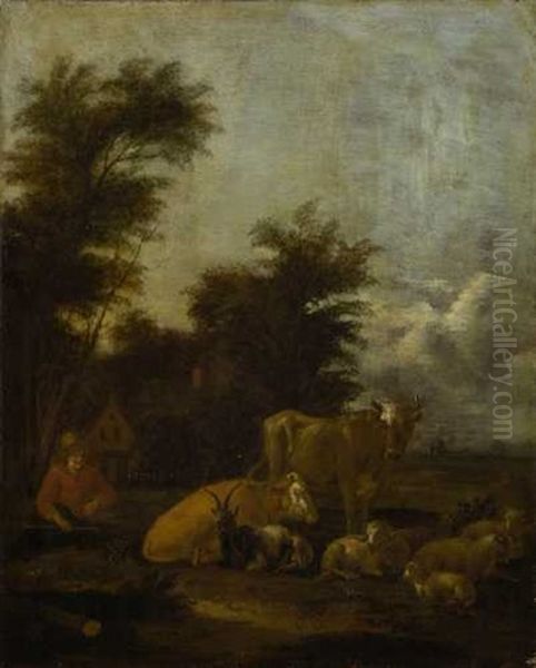 Rastender Hirte Mit Vieh, Im Hintergrund Ein Bauernhaus Oil Painting by Albert Jansz Klomp