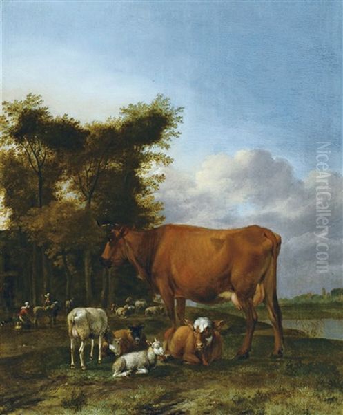 Bergers Et Troupeau Reposant Au Bord De L'eau Oil Painting by Albert Jansz Klomp