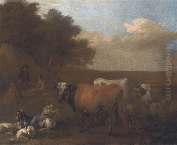 A Landscape With Cattle And Goats, A Shepherd And Shepherdess Resting Beyond Oil Painting by Albert Jansz Klomp