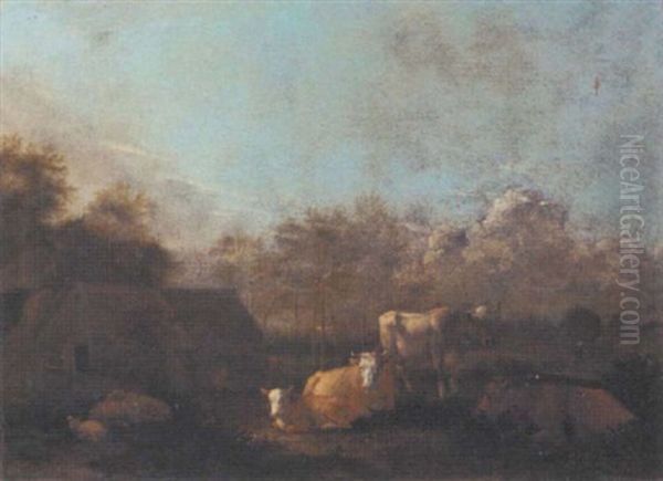 A Pastoral Landscape With Cattle Before A Barn Oil Painting by Albert Jansz Klomp
