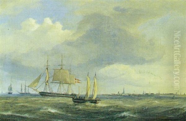 Marine Med Mange Skibe Udfor Kobenhavn Oil Painting by Frederik Theodor Kloss