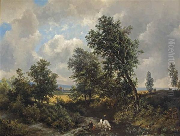 A Wooded Landscape With Figures By A Stream Oil Painting by Pieter Lodewijk Francisco Kluyver