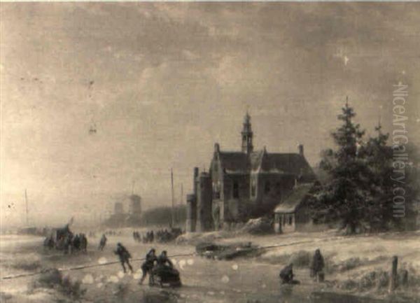 Winter Scene With A Church And Windmills Beyond Oil Painting by Pieter Lodewijk Francisco Kluyver