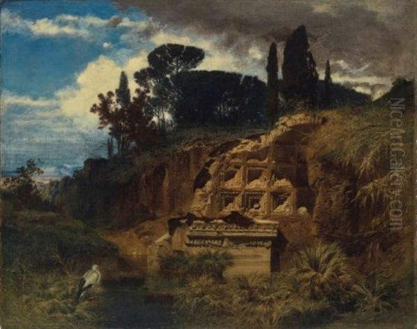 Paysage Aux Ruines Et A La Cigogne Oil Painting by Ferdinand Knab