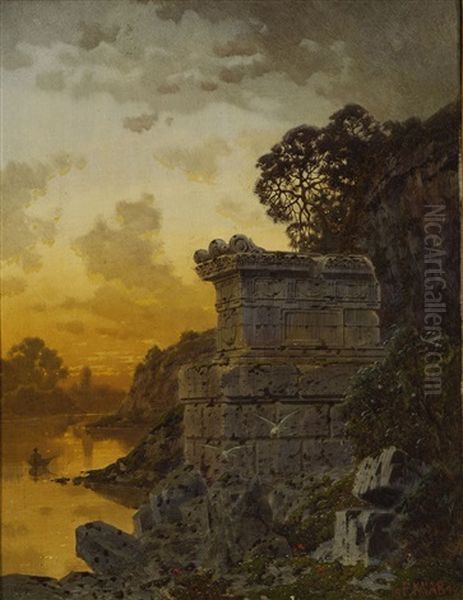 Abendstimmung Am Flussufer, Im Vordergrund Eine Ruine Oil Painting by Ferdinand Knab