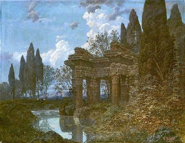 Tempelruine Am Ufer Eines Flusses Oil Painting by Ferdinand Knab