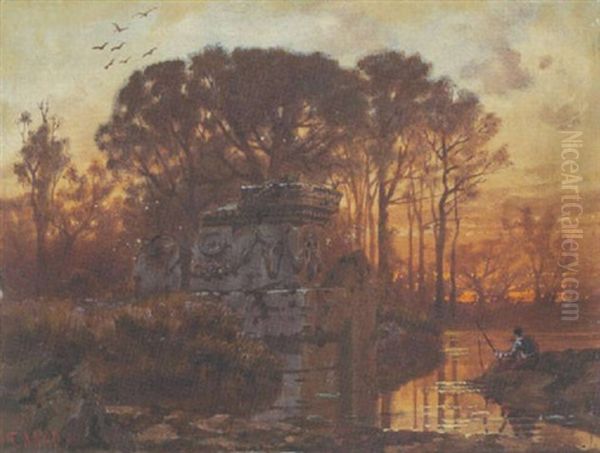 Abendstimmung Am See Mit Angler Oil Painting by Ferdinand Knab