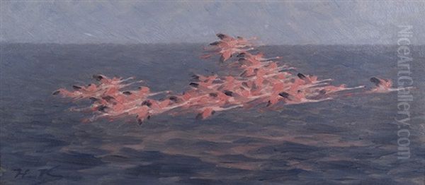 Flamingos Above The Mediterranean Sea Oil Painting by Hermann Joseph Knackfuss