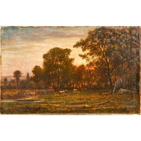 Landscape Grazing Cattle Oil Painting by Charles Wilson Knapp