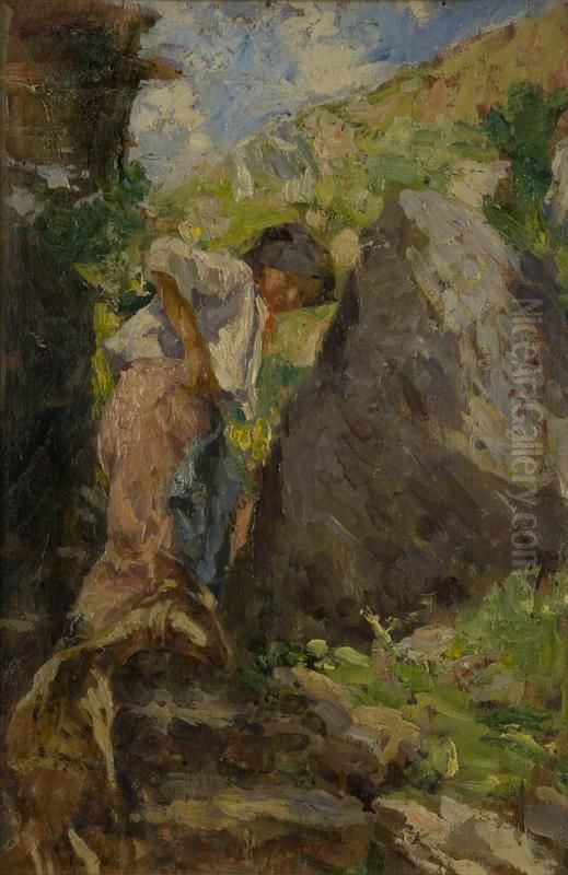 Giovane Contadina Con Capretta In Montagna Oil Painting by Leonardo Bazzaro